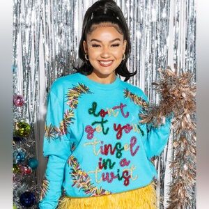 QUEEN OF SPARKLES Blue “Don’t Get Your Tinsel In A Twist” Sweater - Size XS